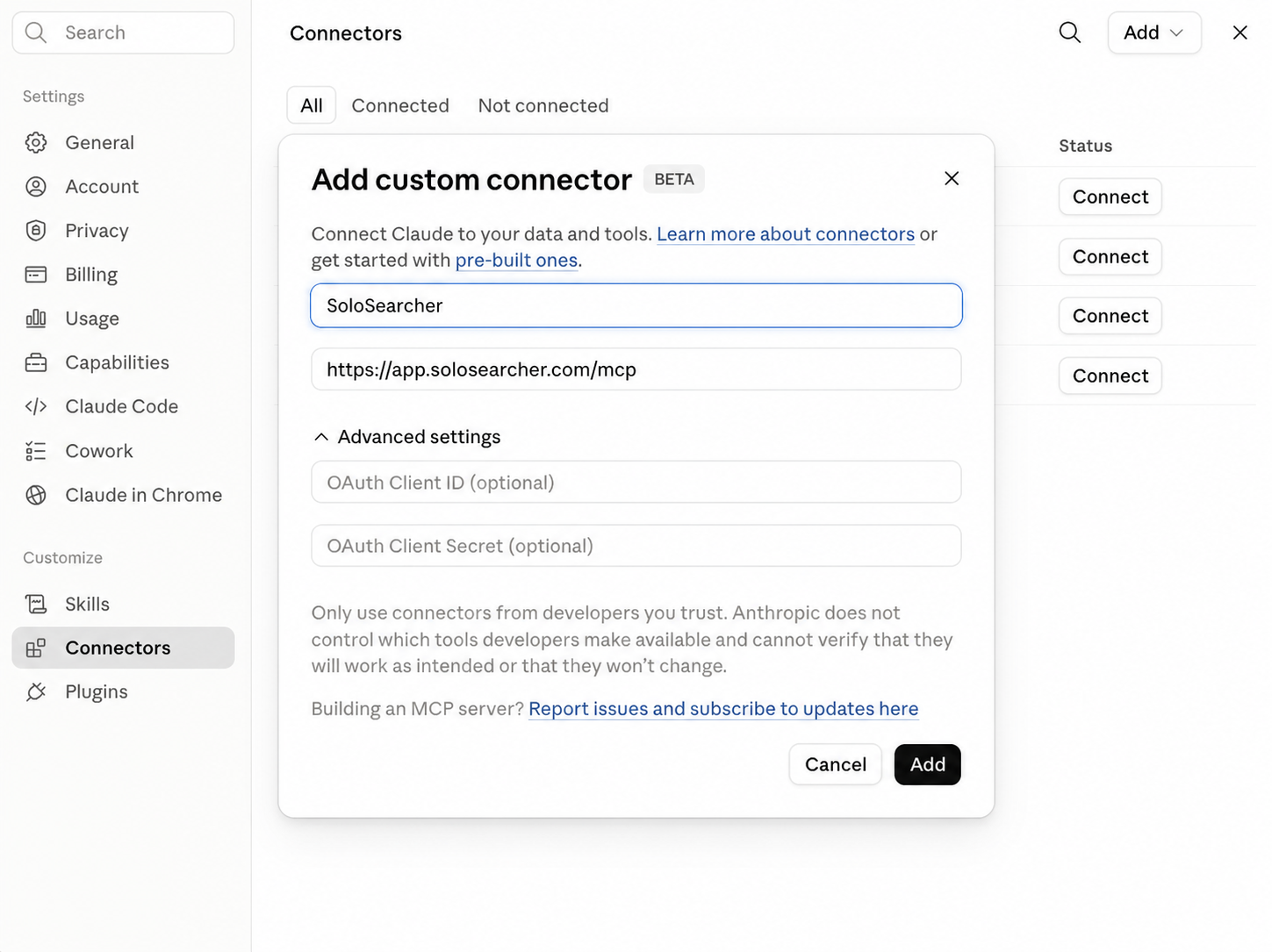 Add custom connector dialog configured for SoloSearcher