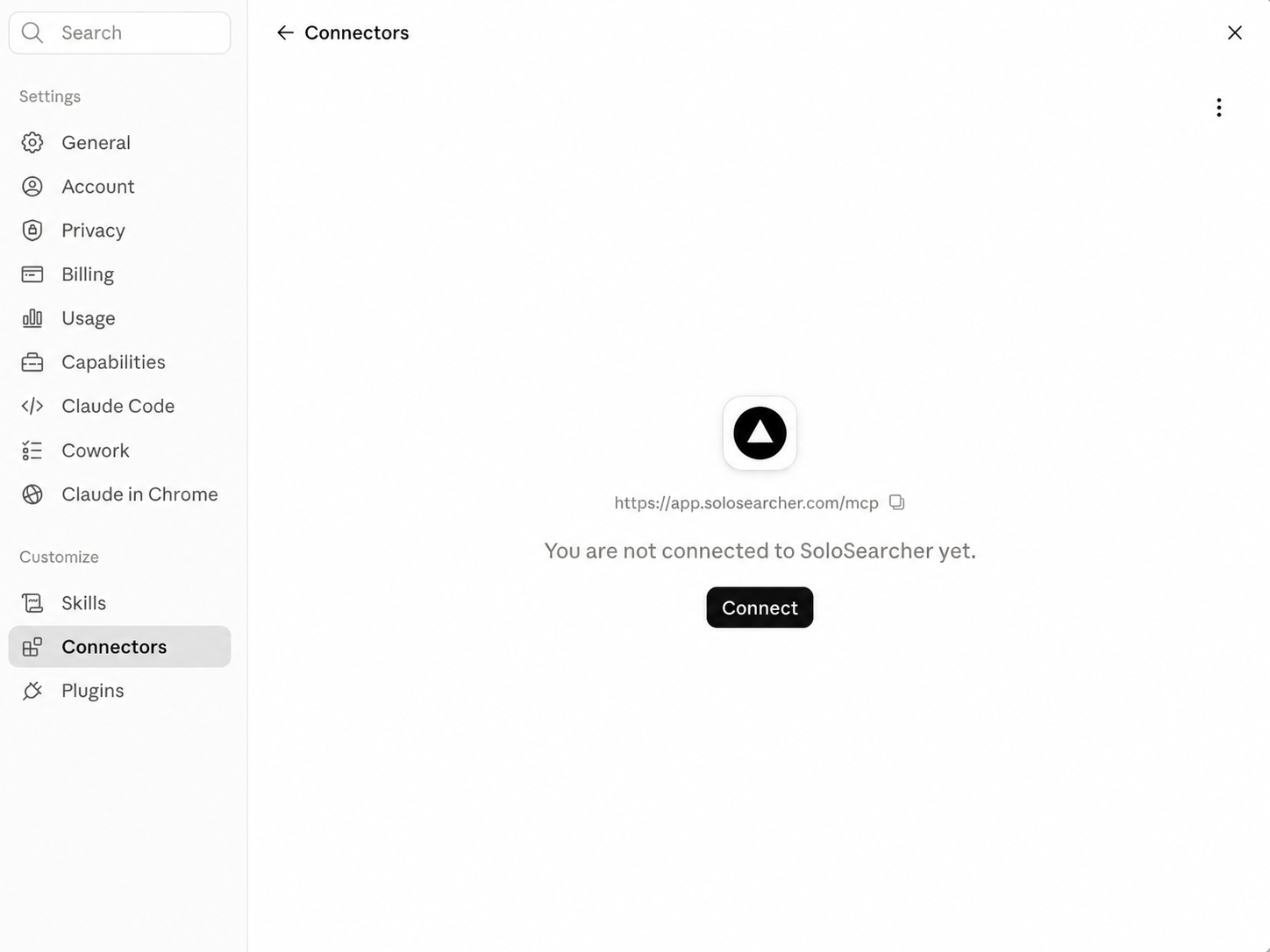 Connector list showing SoloSearcher before approval completes